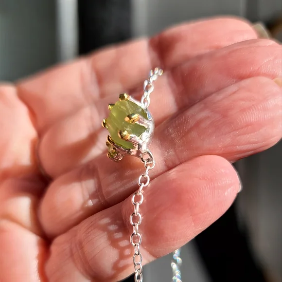 Large 10k RAW Natural Aquamarine & Peridot sterling & gold bracelet 8" - Picture 5 of 8